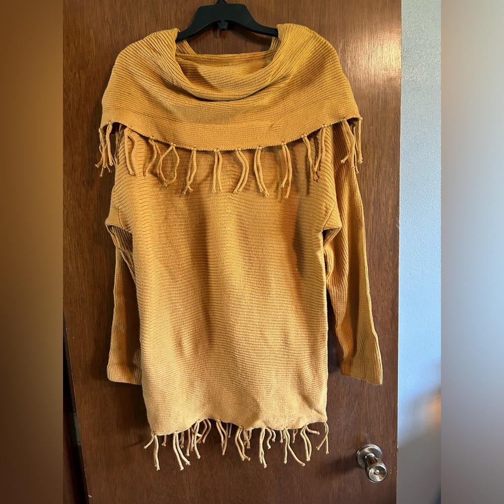 NWT Mustard color Umgee Cowell Neck Sweater with Fringe